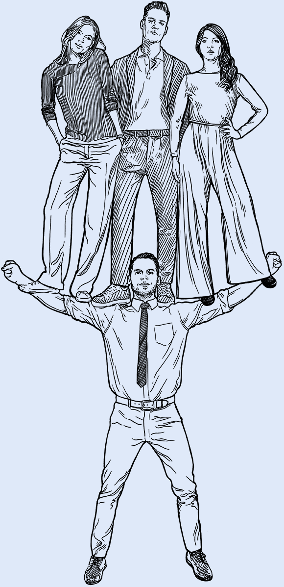 man holding three colleagues on his shoulders